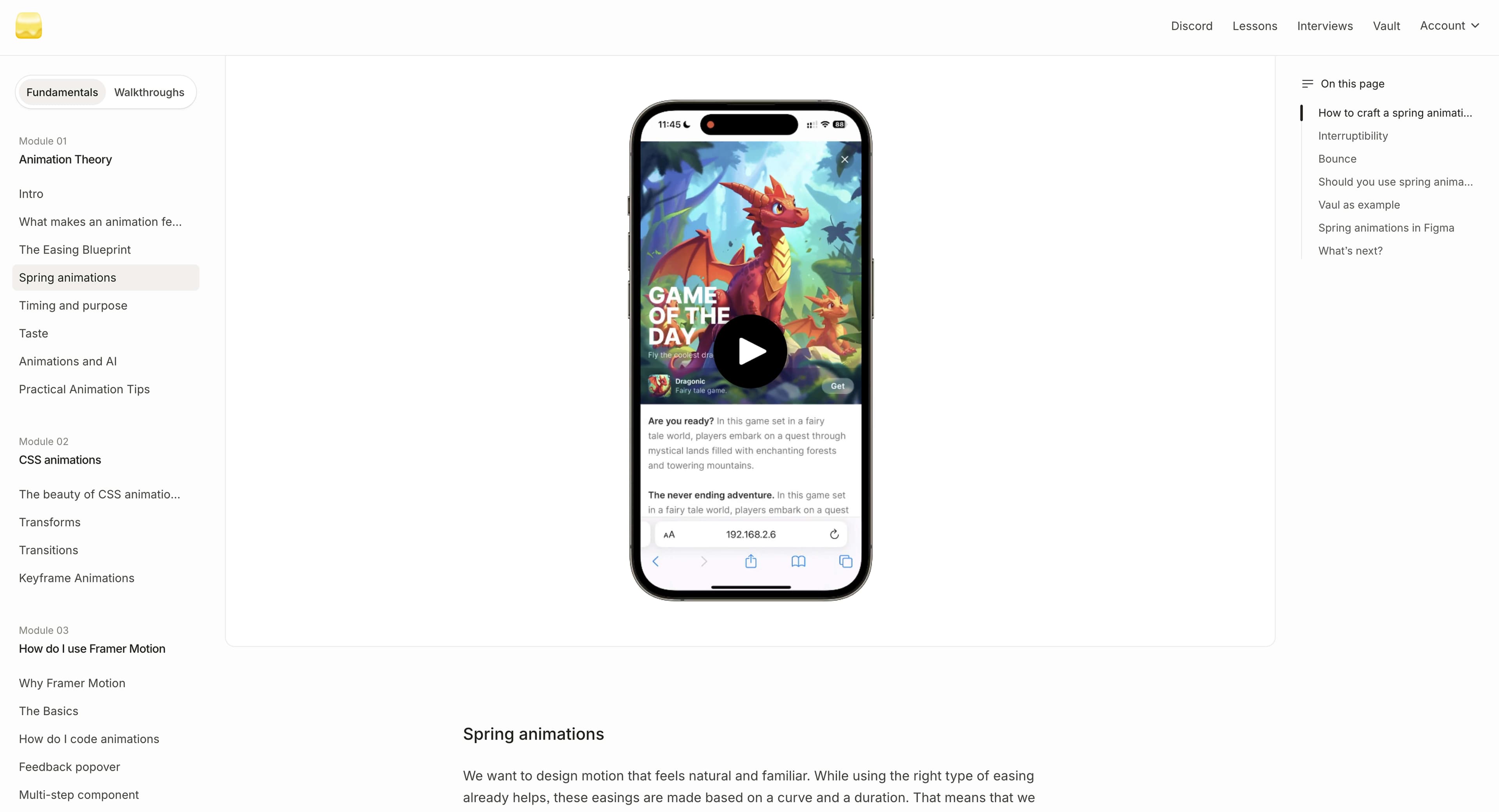 Screenshot of the course platform showing a video player in the center, course chapters listed on the left, and a nchors to headings on the right sidebar. The selected chapter is ‘Spring animations’ under ‘Making it feel right,’ with the video at 0:49 of 5:46.